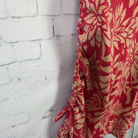 Toad & Co Muse Dress Size XS Red Ruched Side Tie Midi Stretch V-Neck Leaf Print - Picture 4 of 8